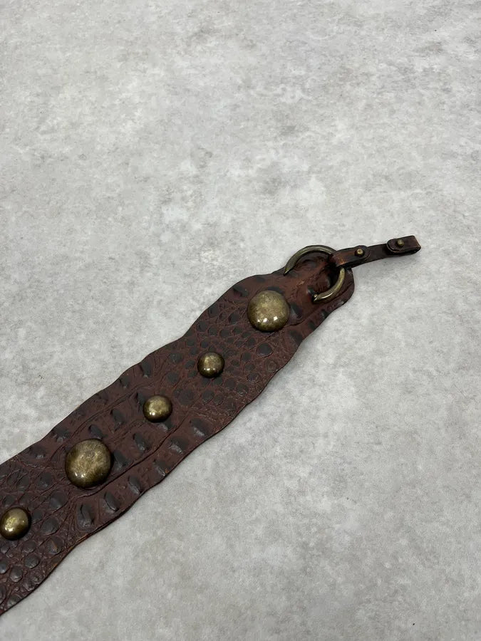 2000s Roberto Cavalli Crocodile Effect Leather Brown Studded Belt fyUXBVm 5
