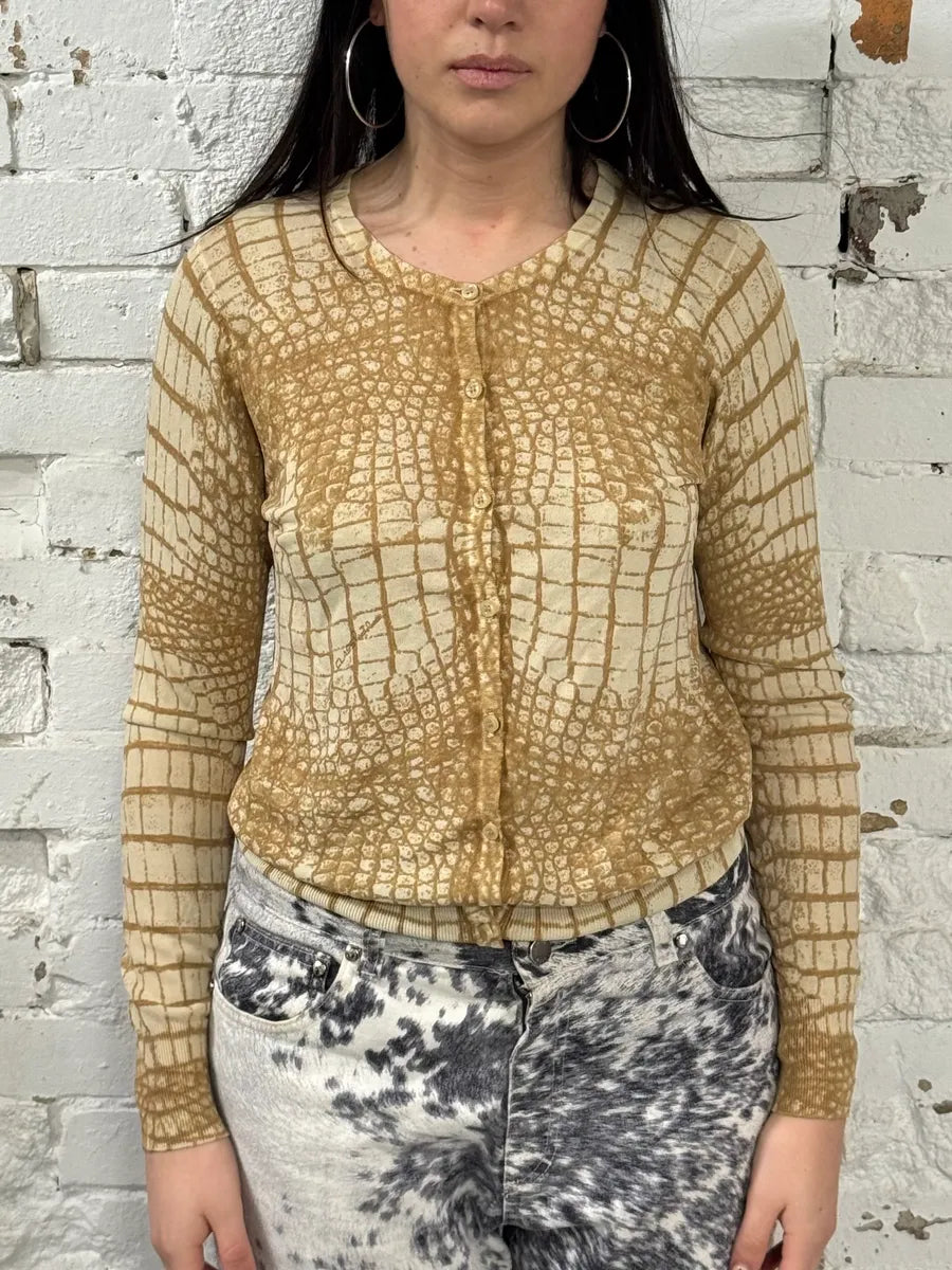 2000s Roberto Cavalli Crocodile Effect White & Beige Cardigan GFCwsVu 1
