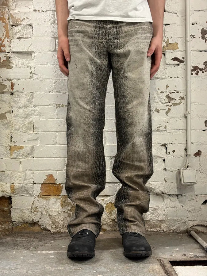 2000s Roberto Cavalli Crocodile Grey & Beige Jeans WQLKbqQ 1