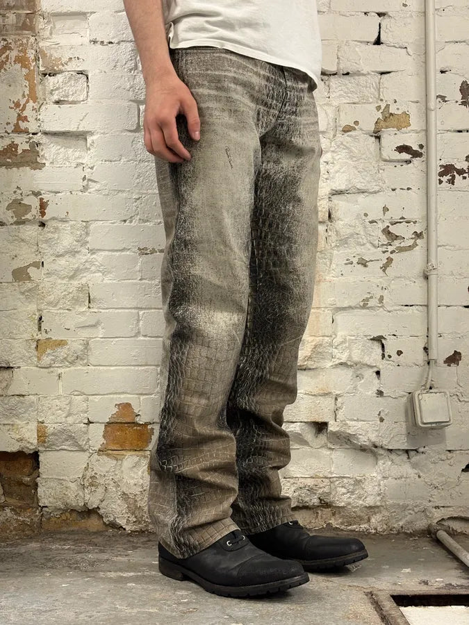 2000s Roberto Cavalli Crocodile Grey & Beige Jeans WQLKbqQ 2