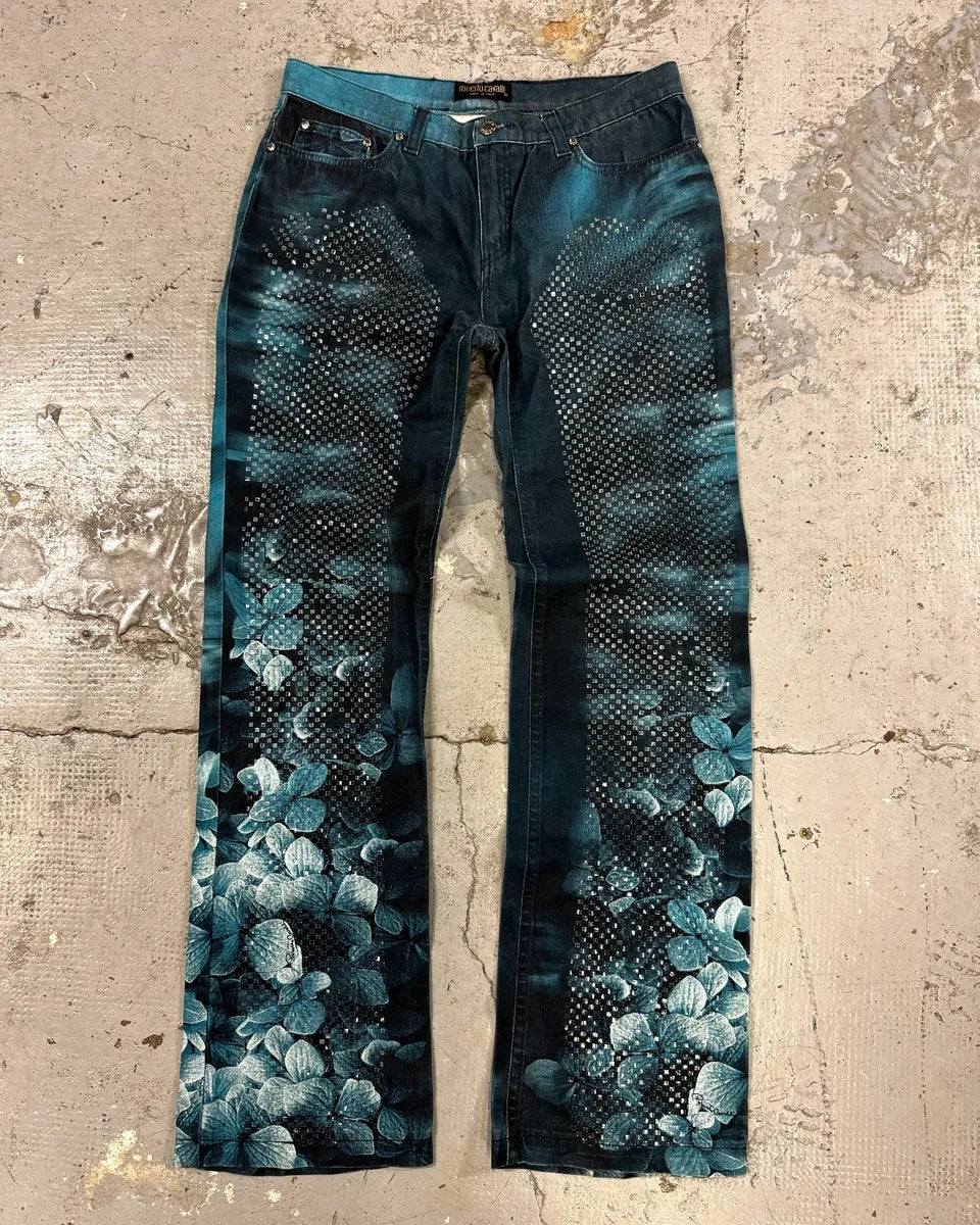 FW1999 Roberto Cavalli Deep Blue Flowers Pants qSoAsfE 0