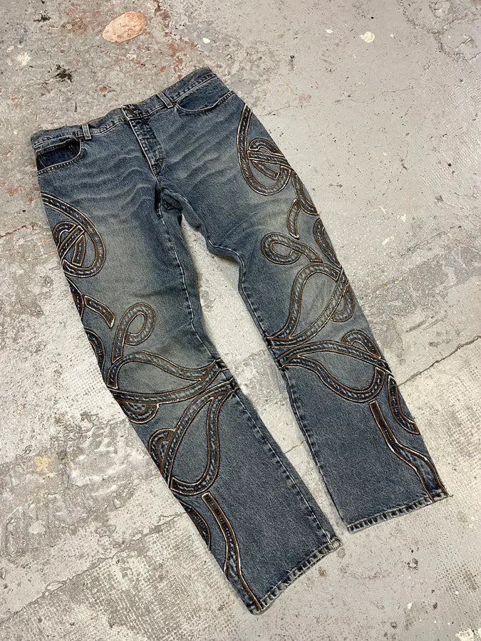 2000s Roberto Cavalli Blue Denim Abstract Lines Jeans AmbiYTg 4