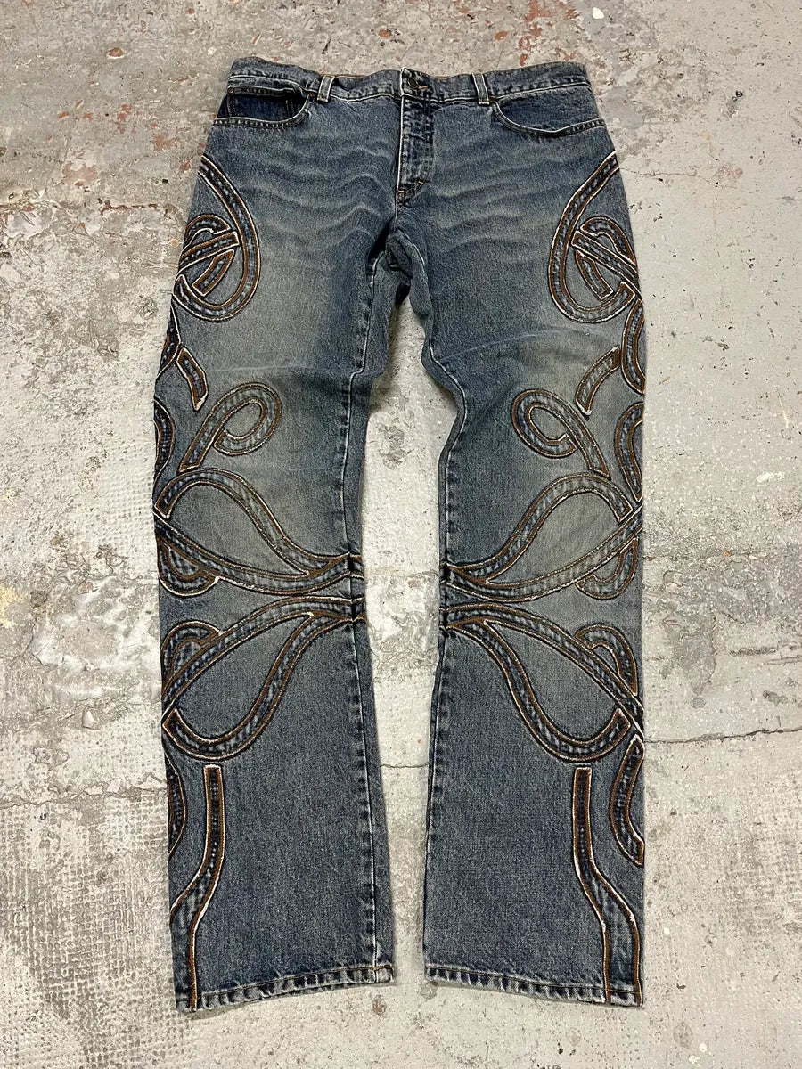 2000s Roberto Cavalli Blue Denim Abstract Lines Jeans AmbiYTg 0