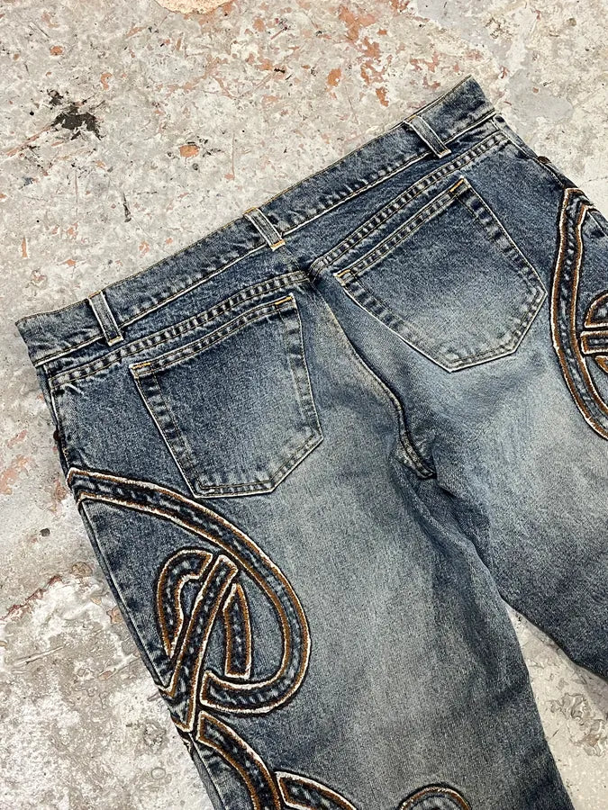 2000s Roberto Cavalli Blue Denim Abstract Lines Jeans AmbiYTg 7