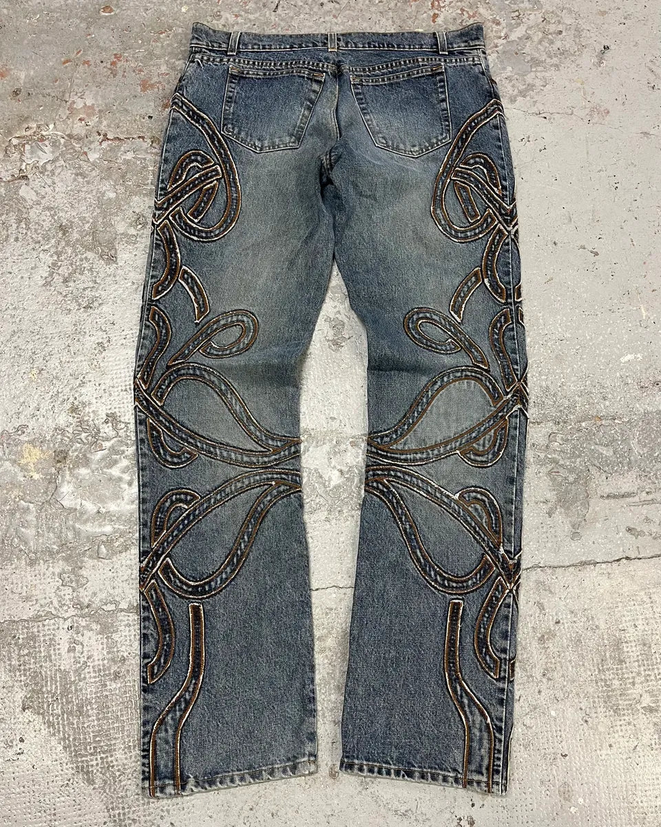 2000s Roberto Cavalli Blue Denim Abstract Lines Jeans AmbiYTg 6