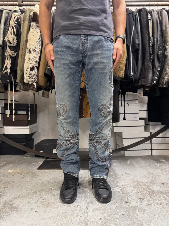 2000s Roberto Cavalli Blue Denim Abstract Lines Jeans AmbiYTg 1