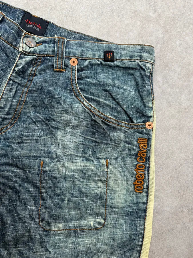 2000s Roberto Cavalli Devil’s Baggy Blue & Cream Jeans LwfbsdA 7