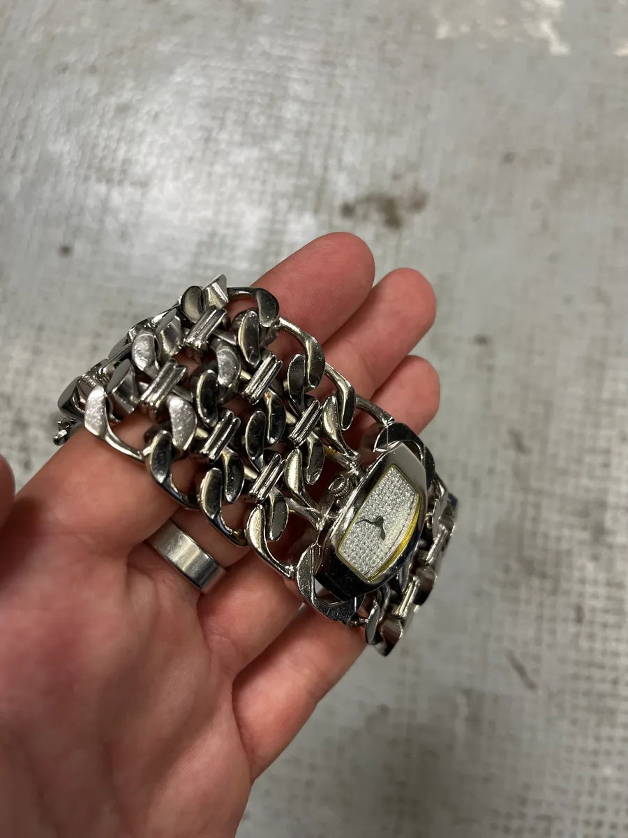 2000s Roberto Cavalli Double Chain Silver Steel Contemporary  Watch (OS) GllUWnk 8