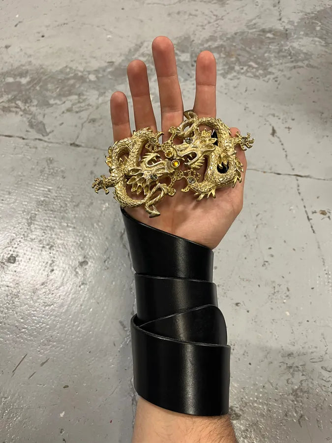 2000s Roberto Cavalli Dragon Buckle Black Leather Belt exCGSQl 0