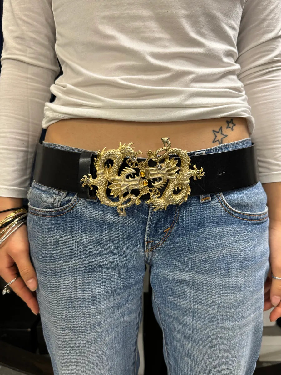 2000s Roberto Cavalli Dragon Buckle Black Leather Belt exCGSQl 1
