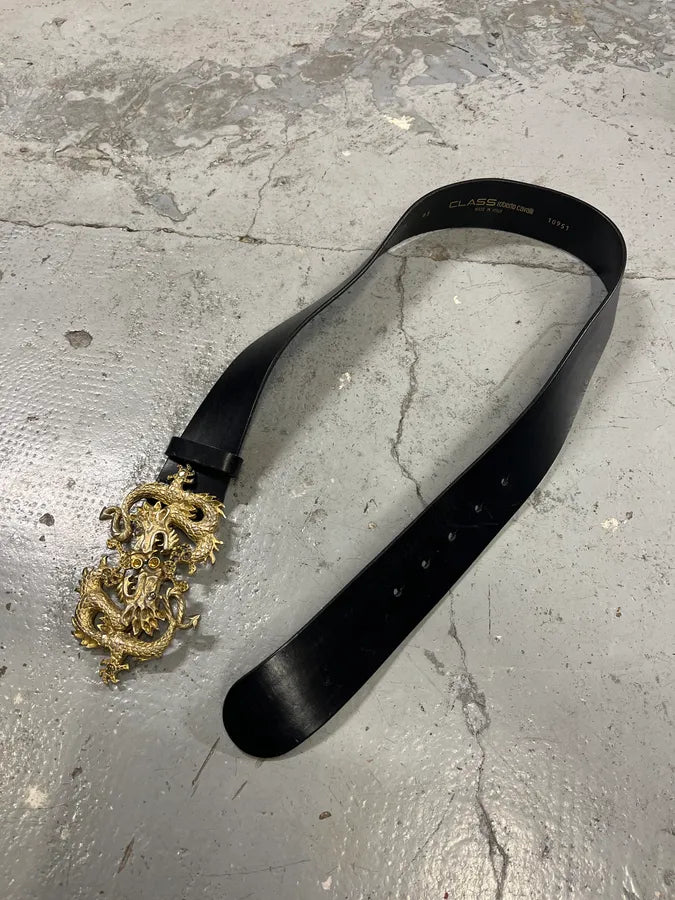 2000s Roberto Cavalli Dragon Buckle Black Leather Belt exCGSQl 2