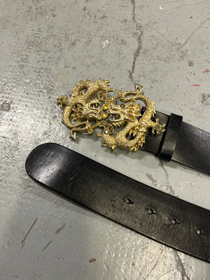 2000s Roberto Cavalli Dragon Buckle Black Leather Belt exCGSQl 3