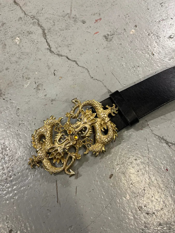 2000s Roberto Cavalli Dragon Buckle Black Leather Belt exCGSQl 4