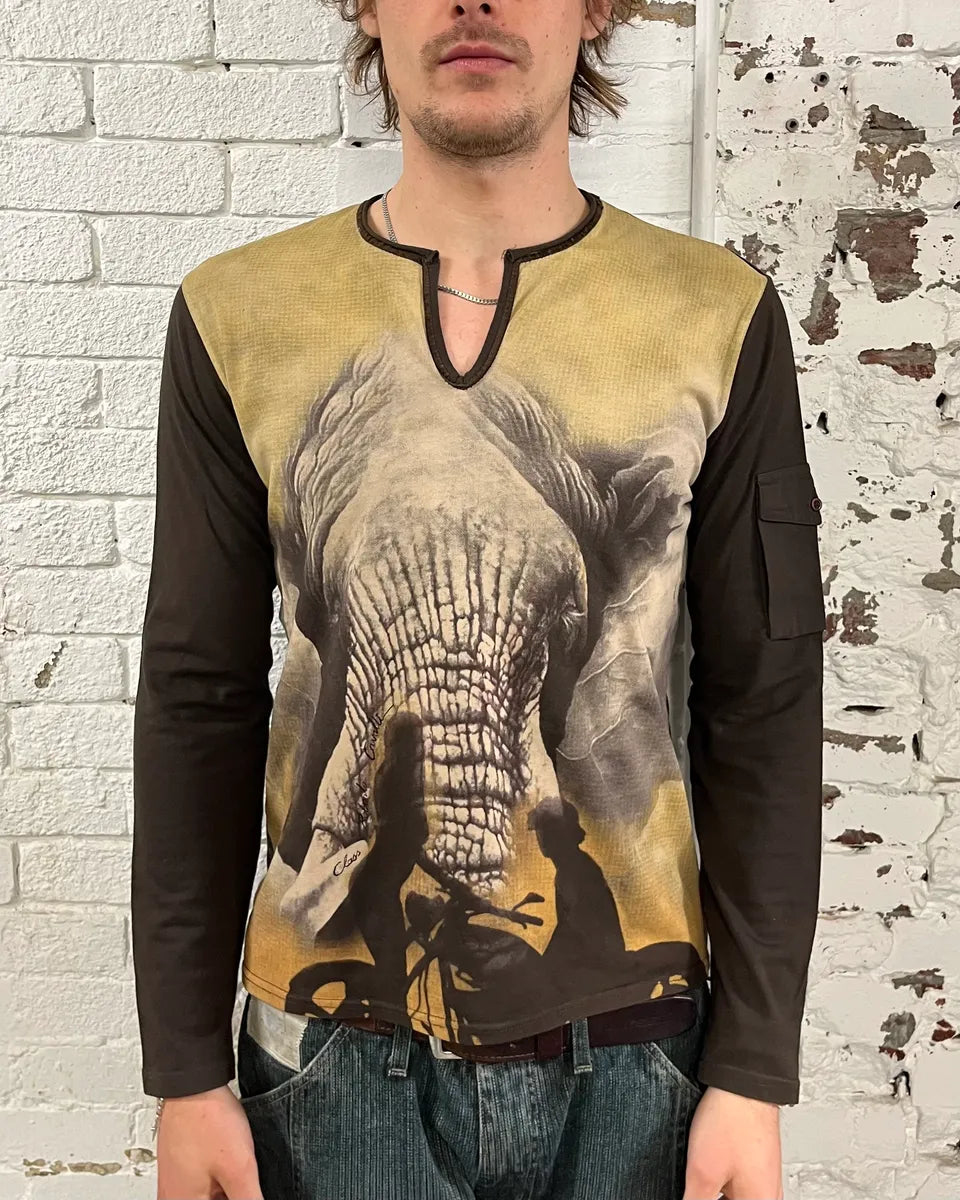 2000s Roberto Cavalli Elephant Beige & Brown Tunisian Longsleeve vBebSat 1