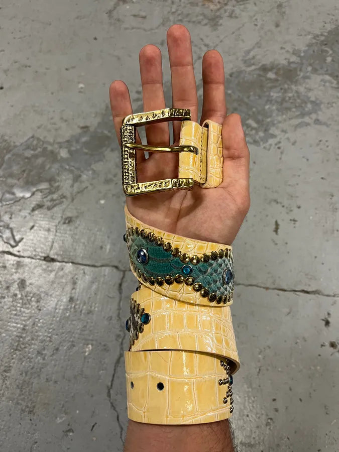 2000s Roberto Cavalli Embellished Crocodile Effect Yellow Leather Belt reRjMxS 0