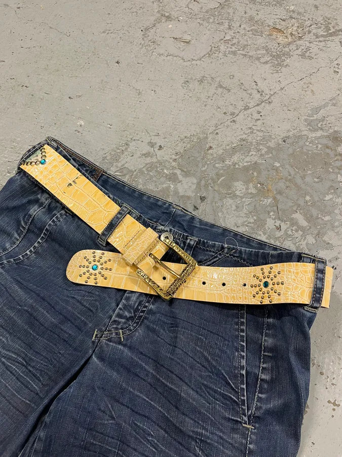 2000s Roberto Cavalli Embellished Crocodile Effect Yellow Leather Belt reRjMxS 1