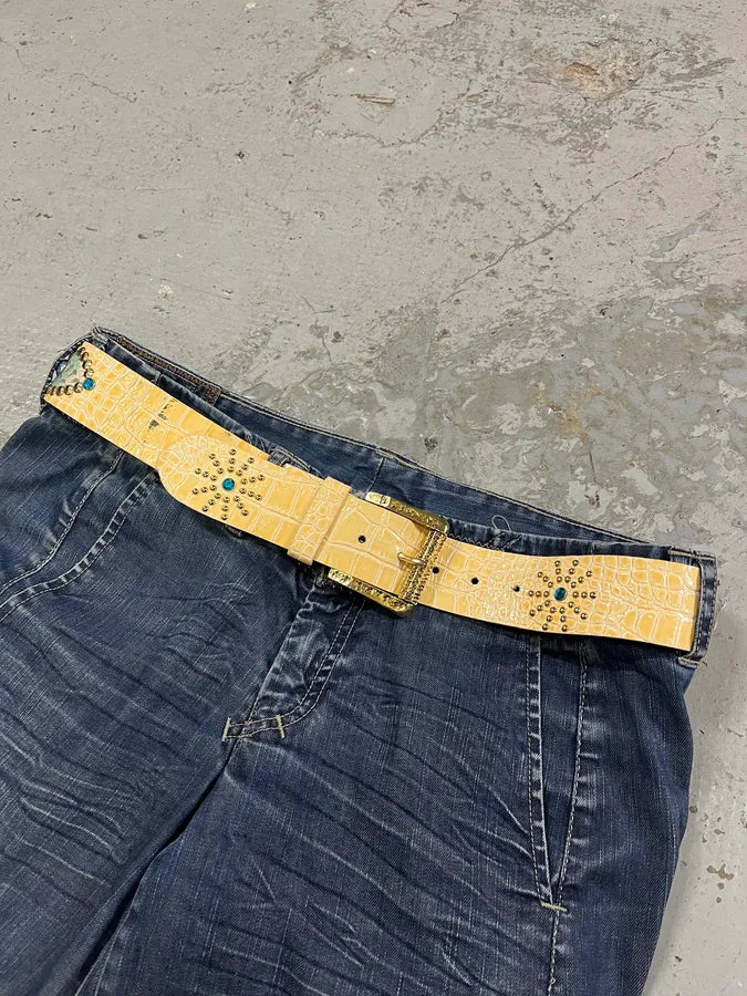 2000s Roberto Cavalli Embellished Crocodile Effect Yellow Leather Belt reRjMxS 2