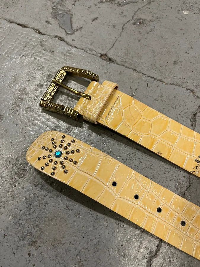 2000s Roberto Cavalli Embellished Crocodile Effect Yellow Leather Belt reRjMxS 3