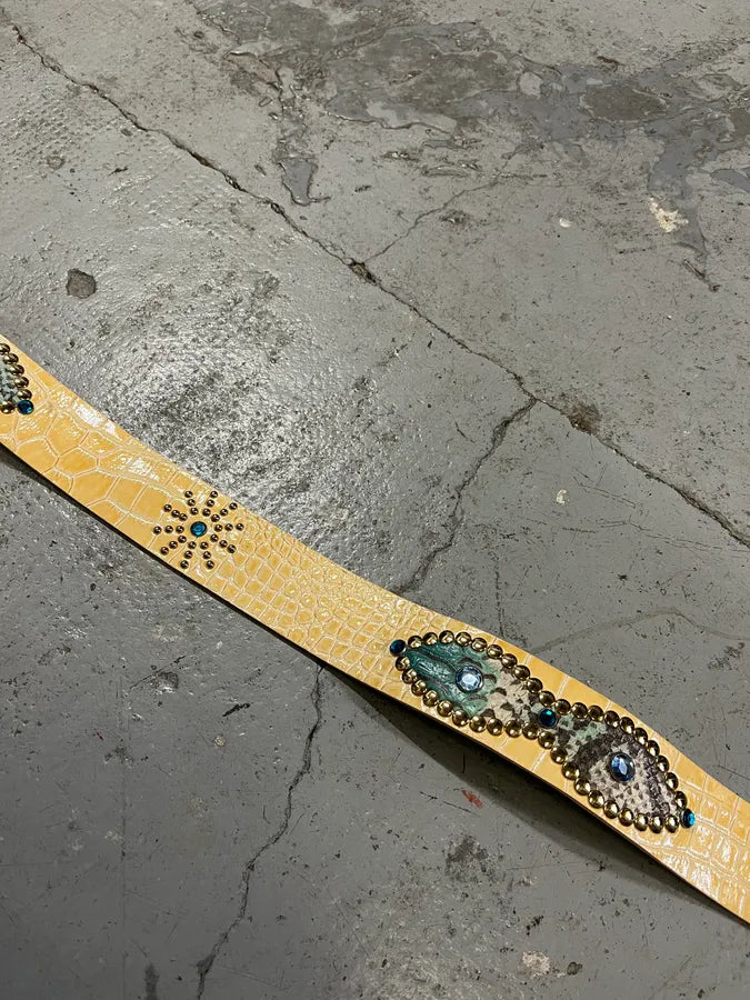 2000s Roberto Cavalli Embellished Crocodile Effect Yellow Leather Belt reRjMxS 6