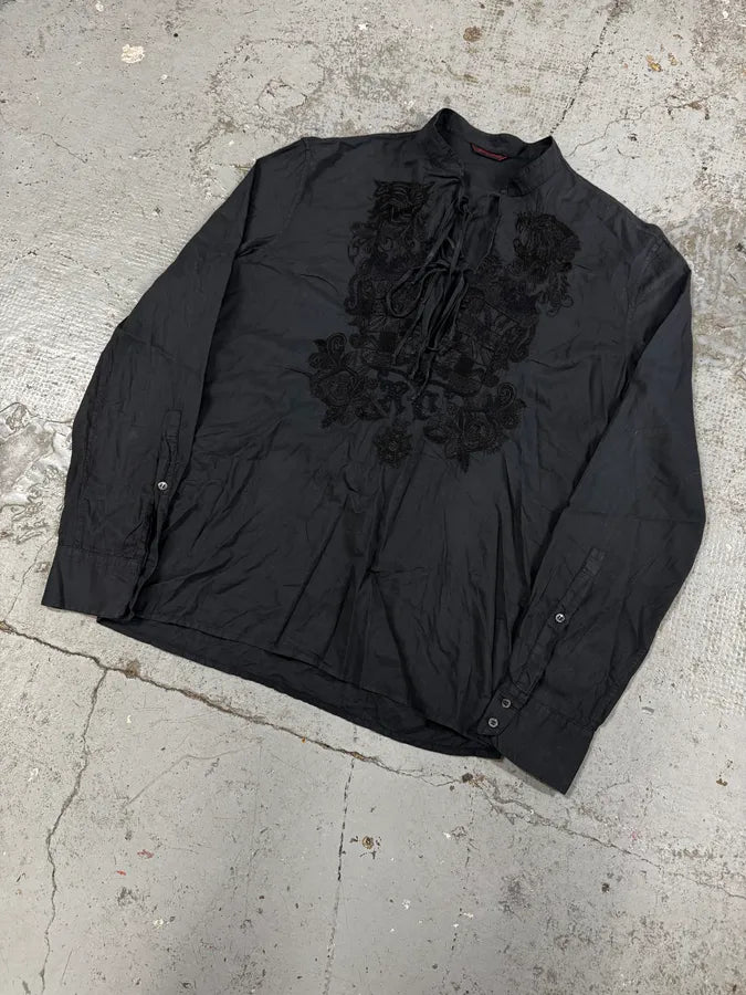 2000s Roberto Cavalli Embroided Black Linen Shirt uLmJQHJ 1