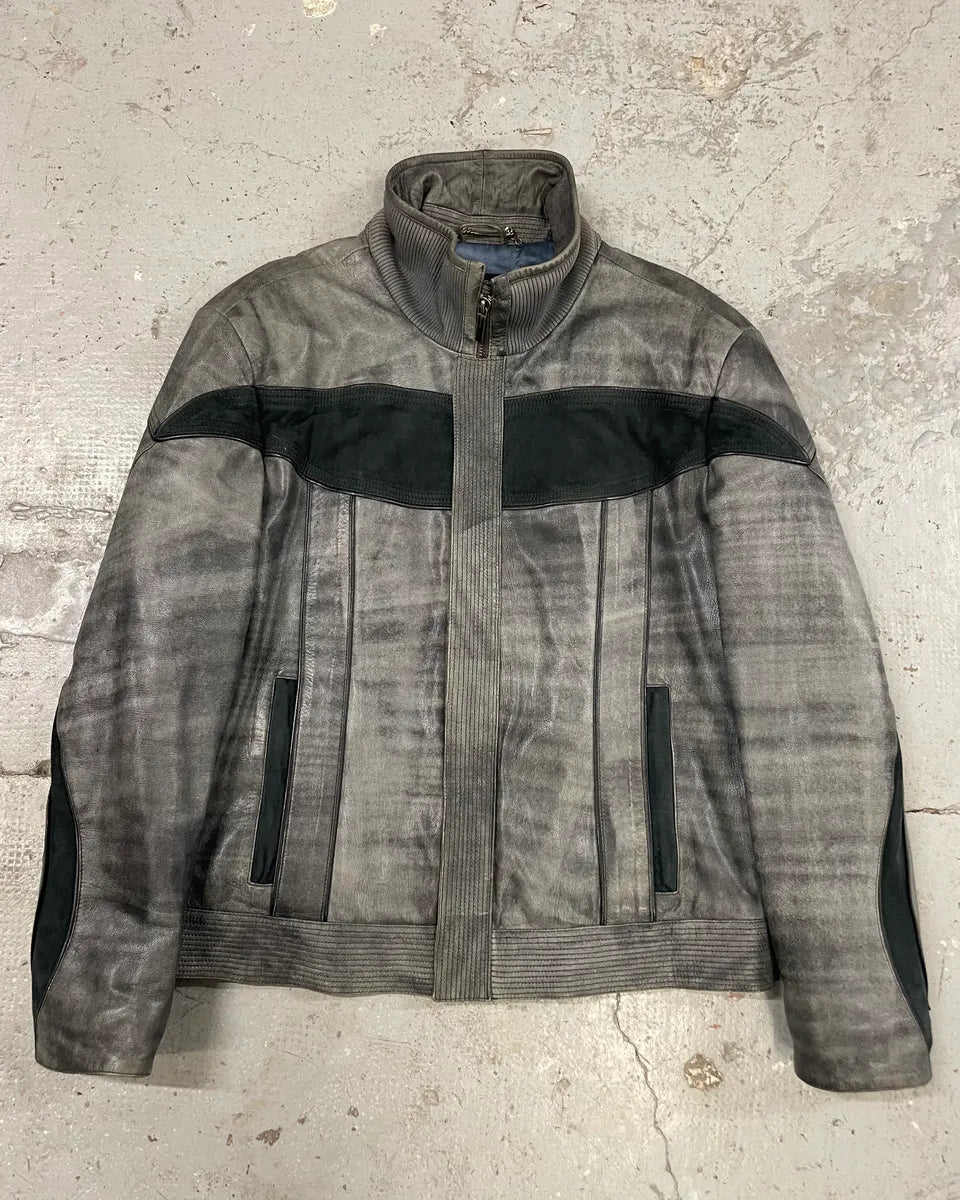 2000s Roberto Cavalli Eroded Grey Marble Effect Premium Leather Jacket (L) FIYsuDN 0