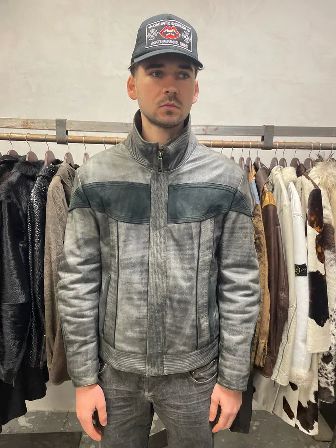 2000s Roberto Cavalli Eroded Grey Marble Effect Premium Leather Jacket (L) FIYsuDN 1