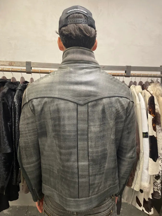 2000s Roberto Cavalli Eroded Grey Marble Effect Premium Leather Jacket (L) FIYsuDN 2