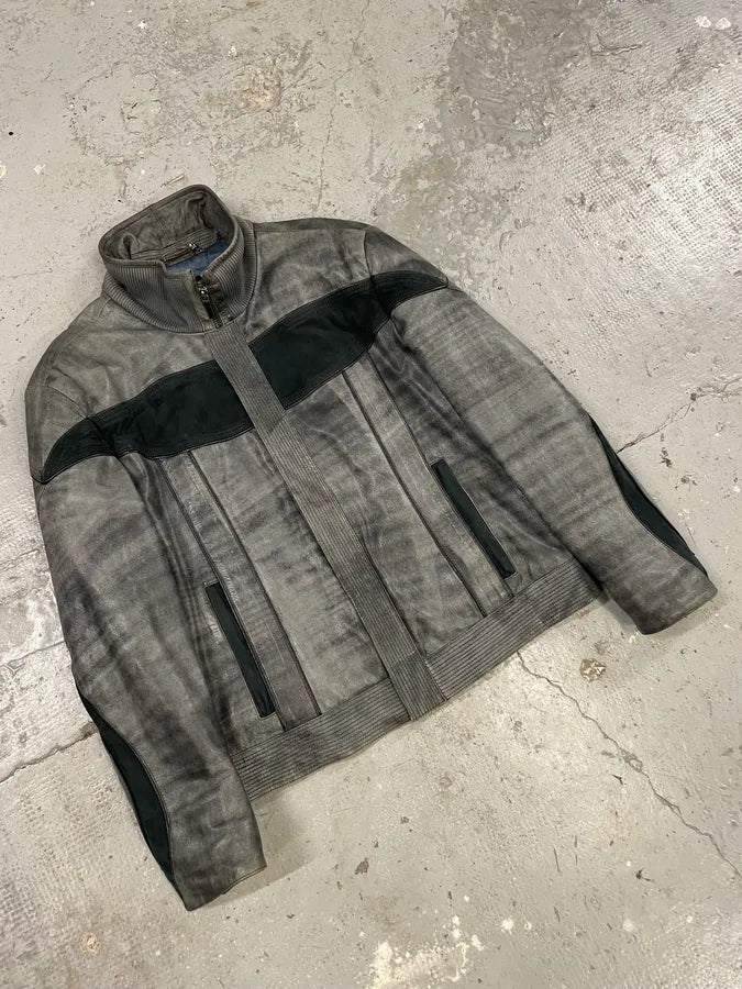 2000s Roberto Cavalli Eroded Grey Marble Effect Premium Leather Jacket (L) FIYsuDN 3