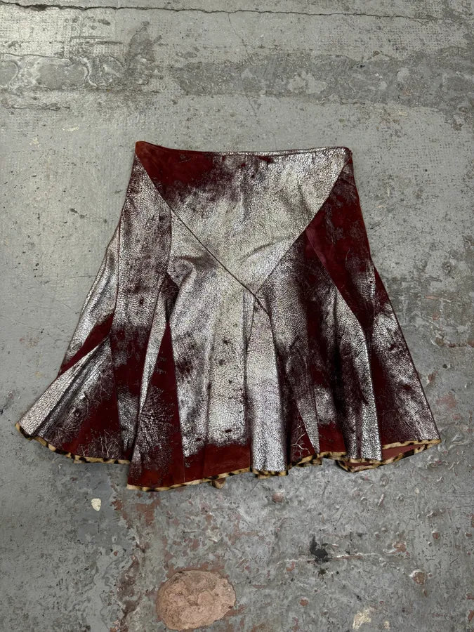 2000s Roberto Cavalli Eroded Silver Brown Suede Leather Skirt BRGLxMX 0