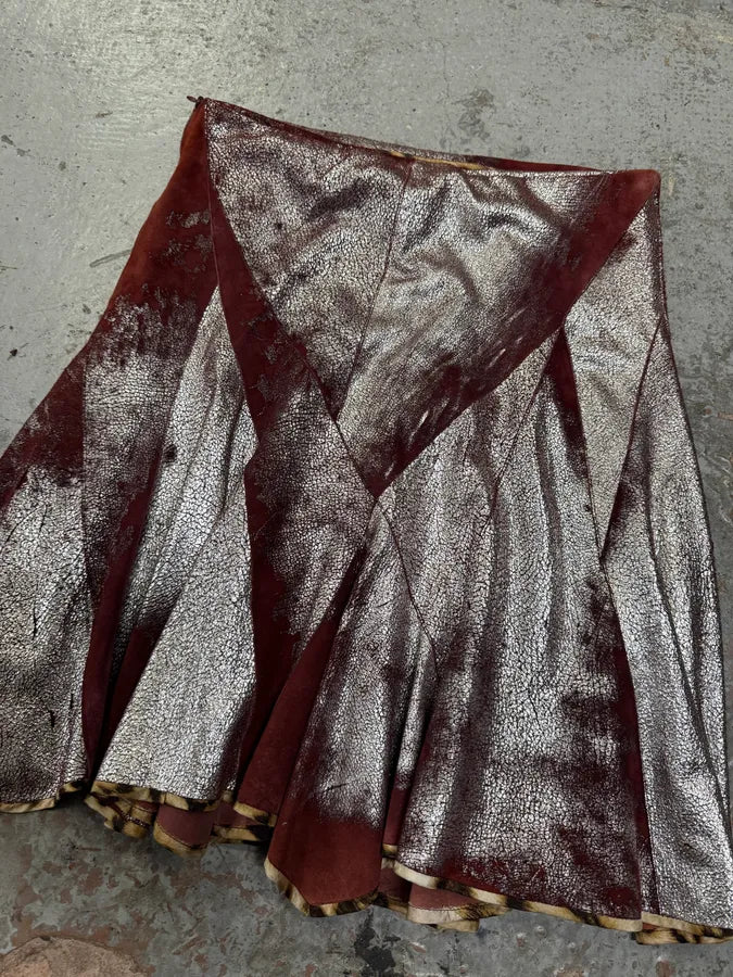 2000s Roberto Cavalli Eroded Silver Brown Suede Leather Skirt BRGLxMX 1