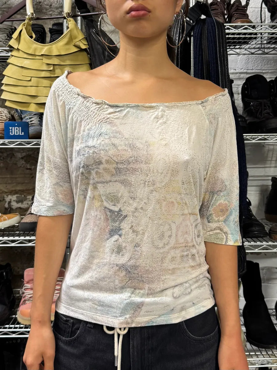 2000s Roberto Cavalli Faded Mosaic Print Wide Collar Top (S/M) UDyYIPE 0