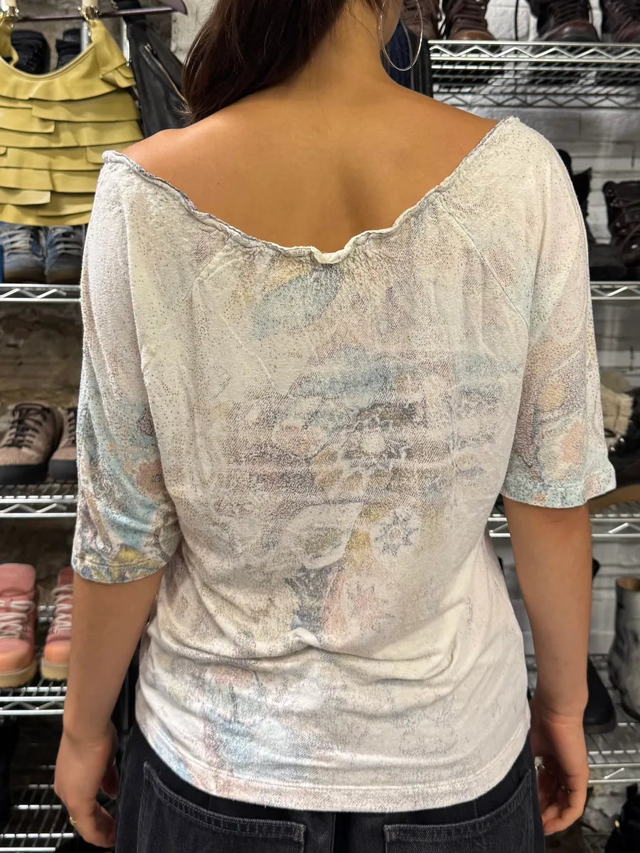 2000s Roberto Cavalli Faded Mosaic Print Wide Collar Top (S/M) UDyYIPE 2