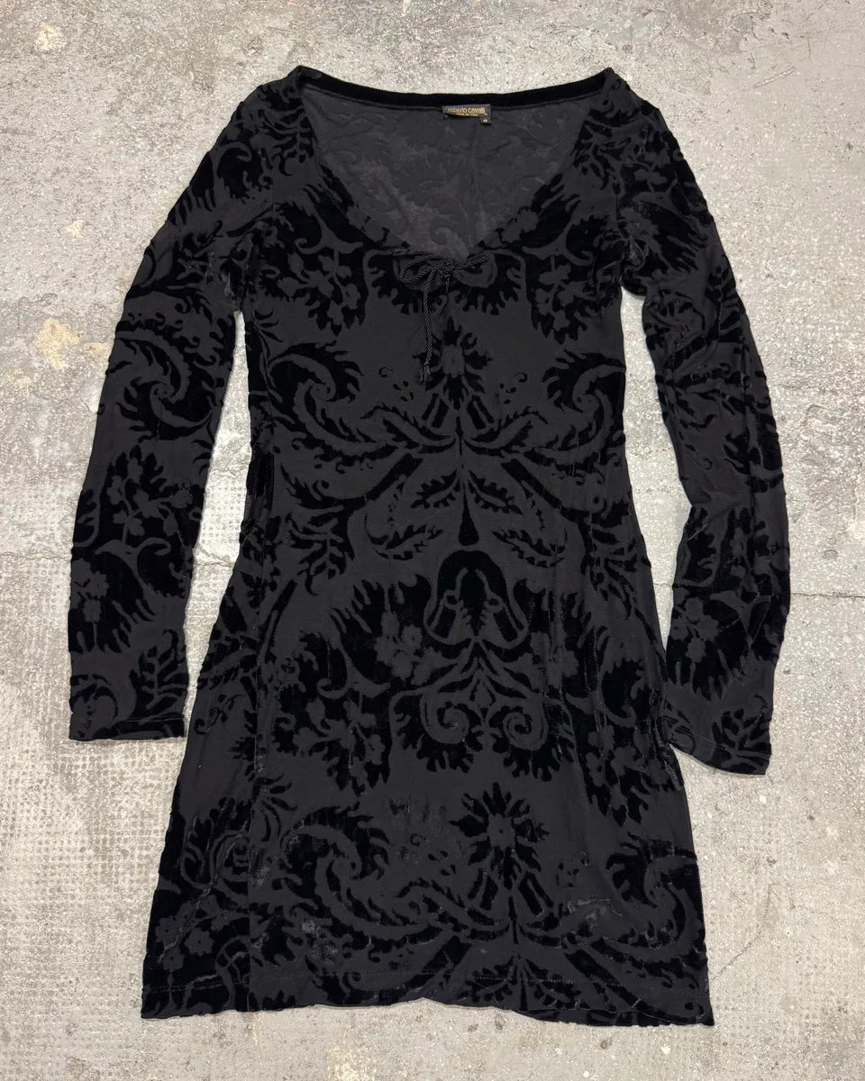 2000s Roberto Cavalli Floral Velvet Mesh Black Dress (S) 1