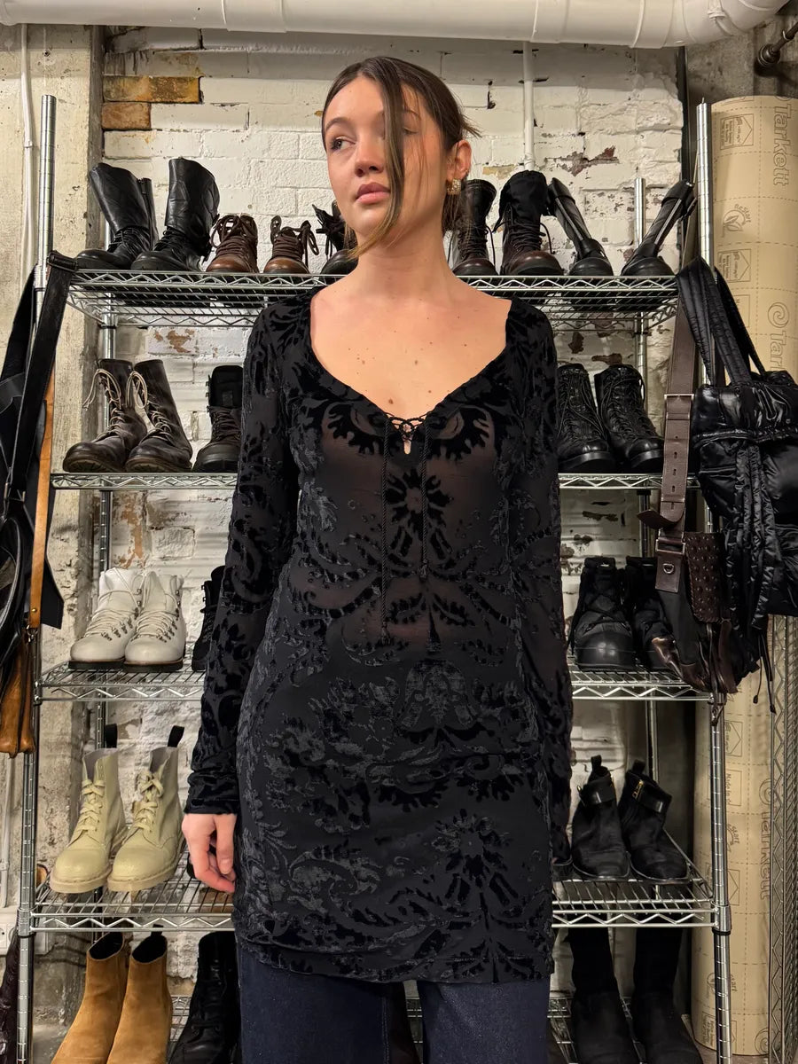 2000s Roberto Cavalli Floral Velvet Mesh Black Dress (S) 0