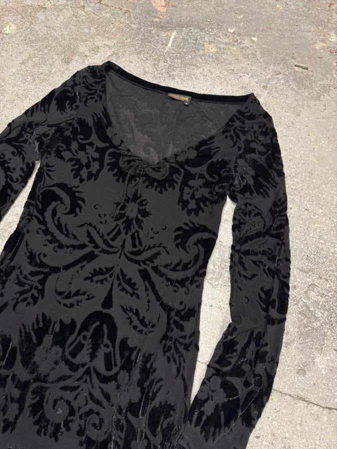 2000s Roberto Cavalli Floral Velvet Mesh Black Dress (S) 3