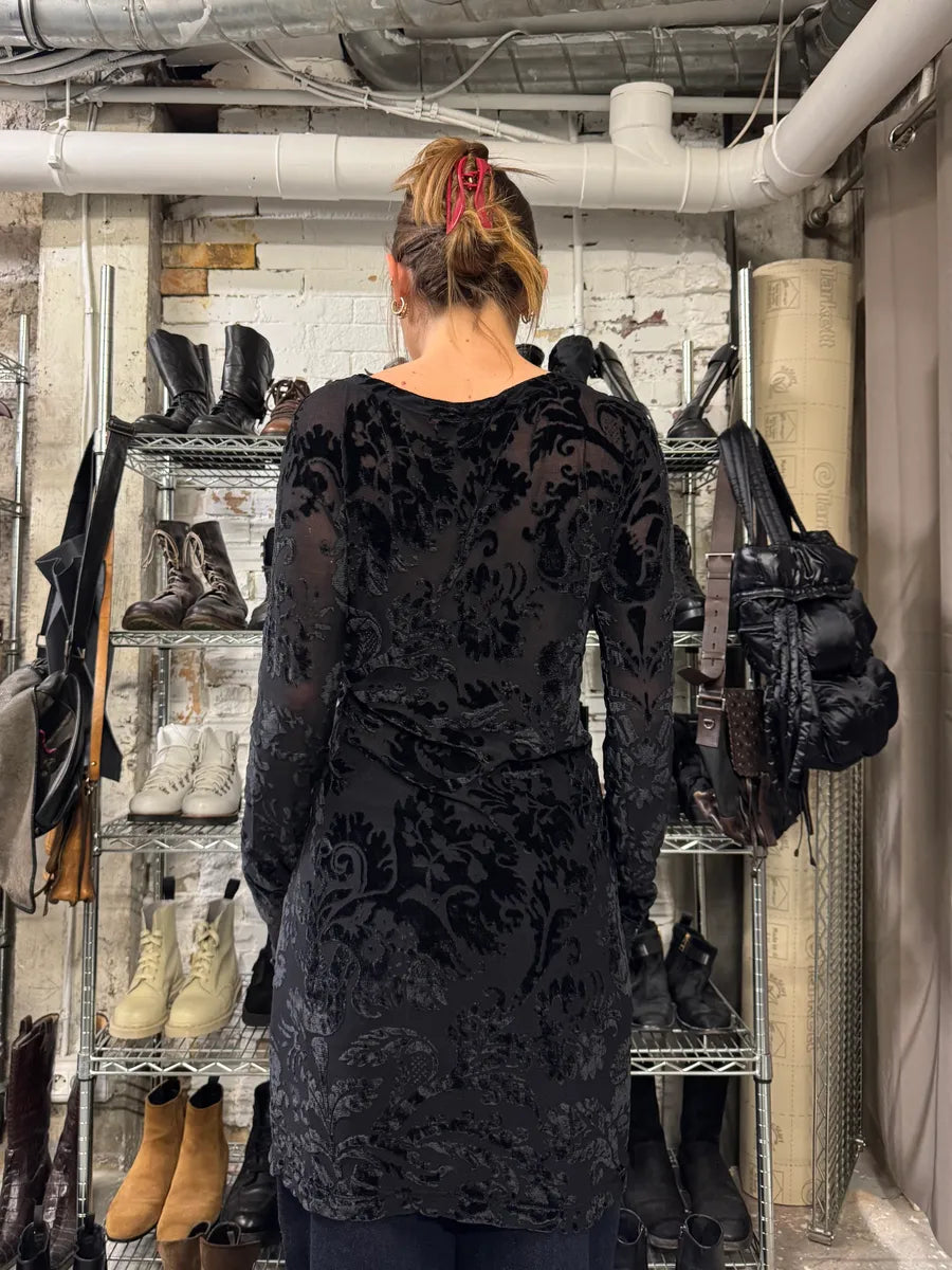2000s Roberto Cavalli Floral Velvet Mesh Black Dress (S) 2