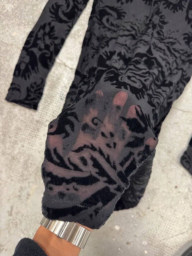 2000s Roberto Cavalli Floral Velvet Mesh Black Dress (S) 9