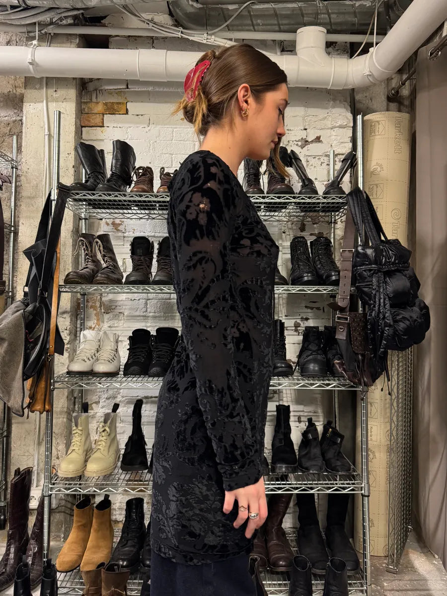 2000s Roberto Cavalli Floral Velvet Mesh Black Dress (S) 4