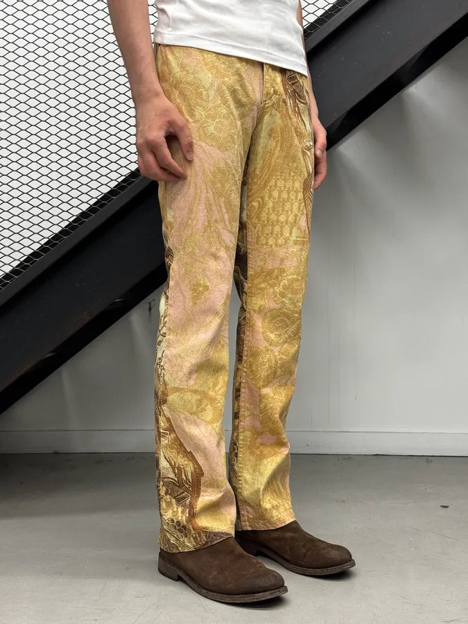 2000s Roberto Cavalli Flowered Pattern Gold & Pink Pants CkZBEyt 1