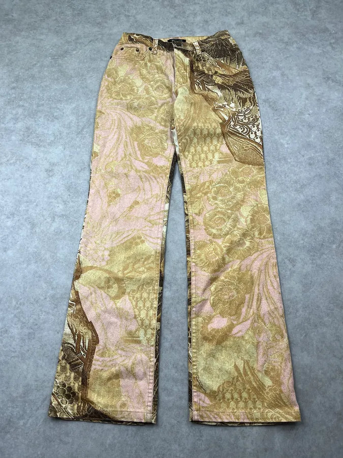 2000s Roberto Cavalli Flowered Pattern Gold & Pink Pants CkZBEyt 3