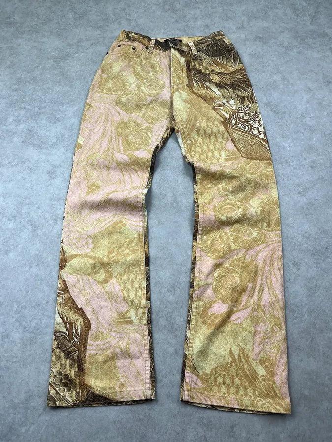 2000s Roberto Cavalli Flowered Pattern Gold & Pink Pants CkZBEyt 5