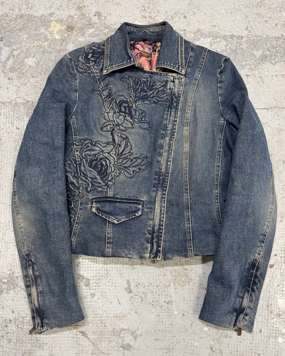 2000s Roberto Cavalli Flowers Asymmetrical Denim Jacket vJwLjLs 0