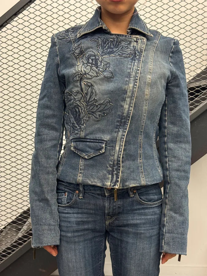 2000s Roberto Cavalli Flowers Asymmetrical Denim Jacket vJwLjLs 1