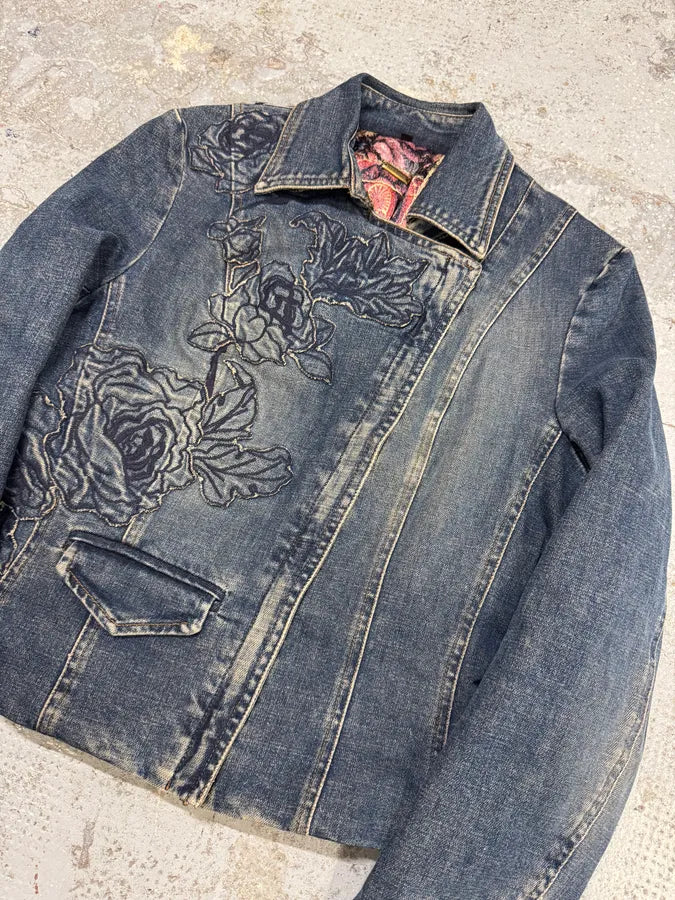 2000s Roberto Cavalli Flowers Asymmetrical Denim Jacket vJwLjLs 3