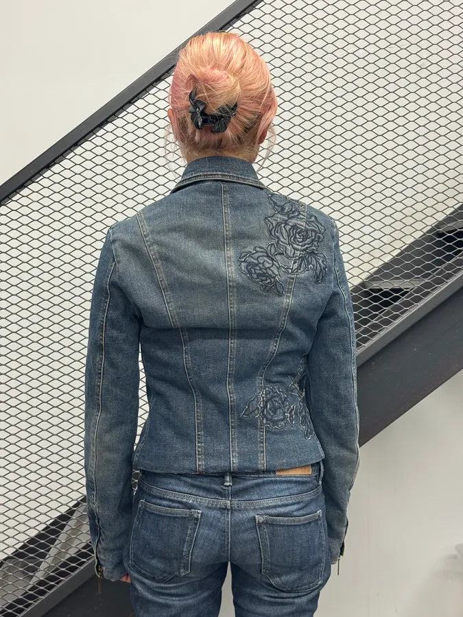2000s Roberto Cavalli Flowers Asymmetrical Denim Jacket vJwLjLs 2