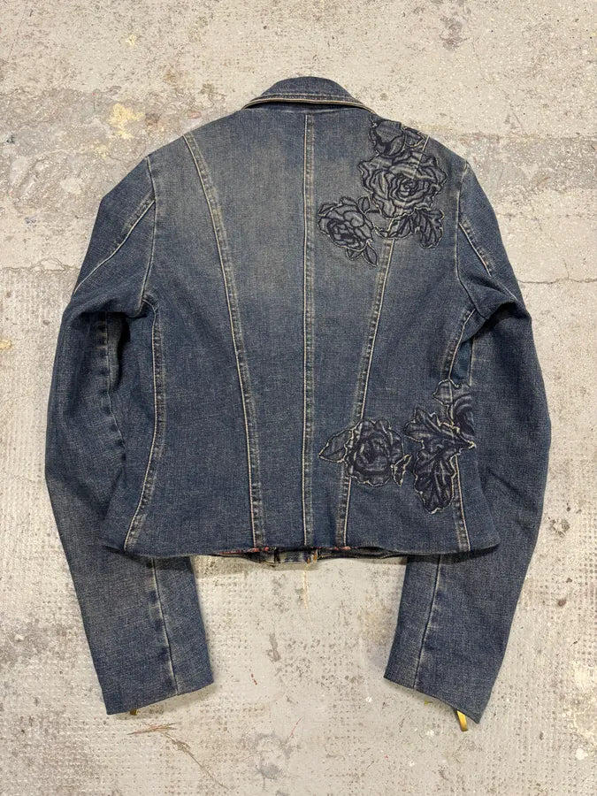 2000s Roberto Cavalli Flowers Asymmetrical Denim Jacket vJwLjLs 4