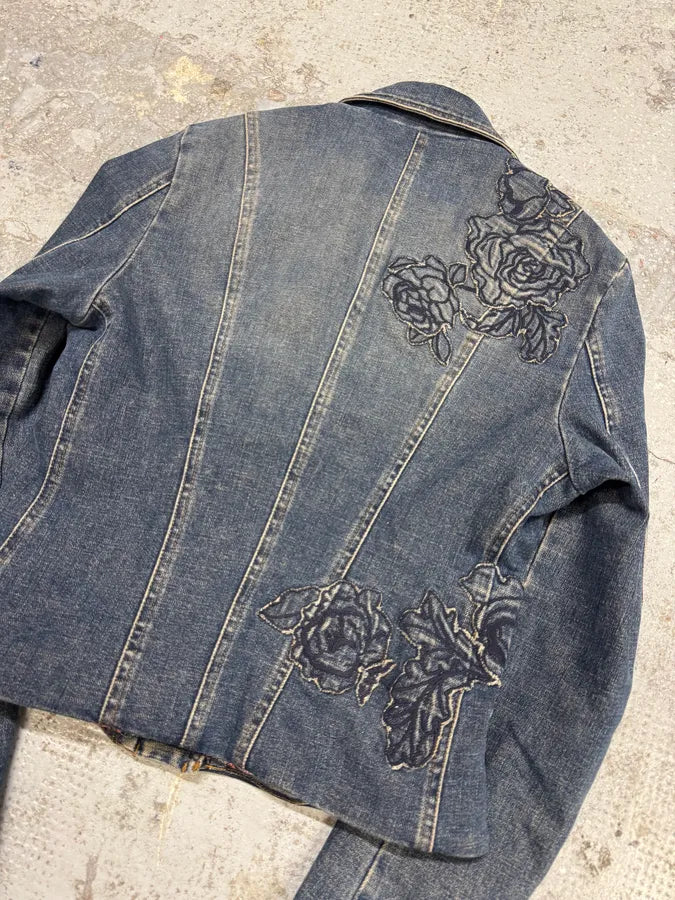 2000s Roberto Cavalli Flowers Asymmetrical Denim Jacket vJwLjLs 5