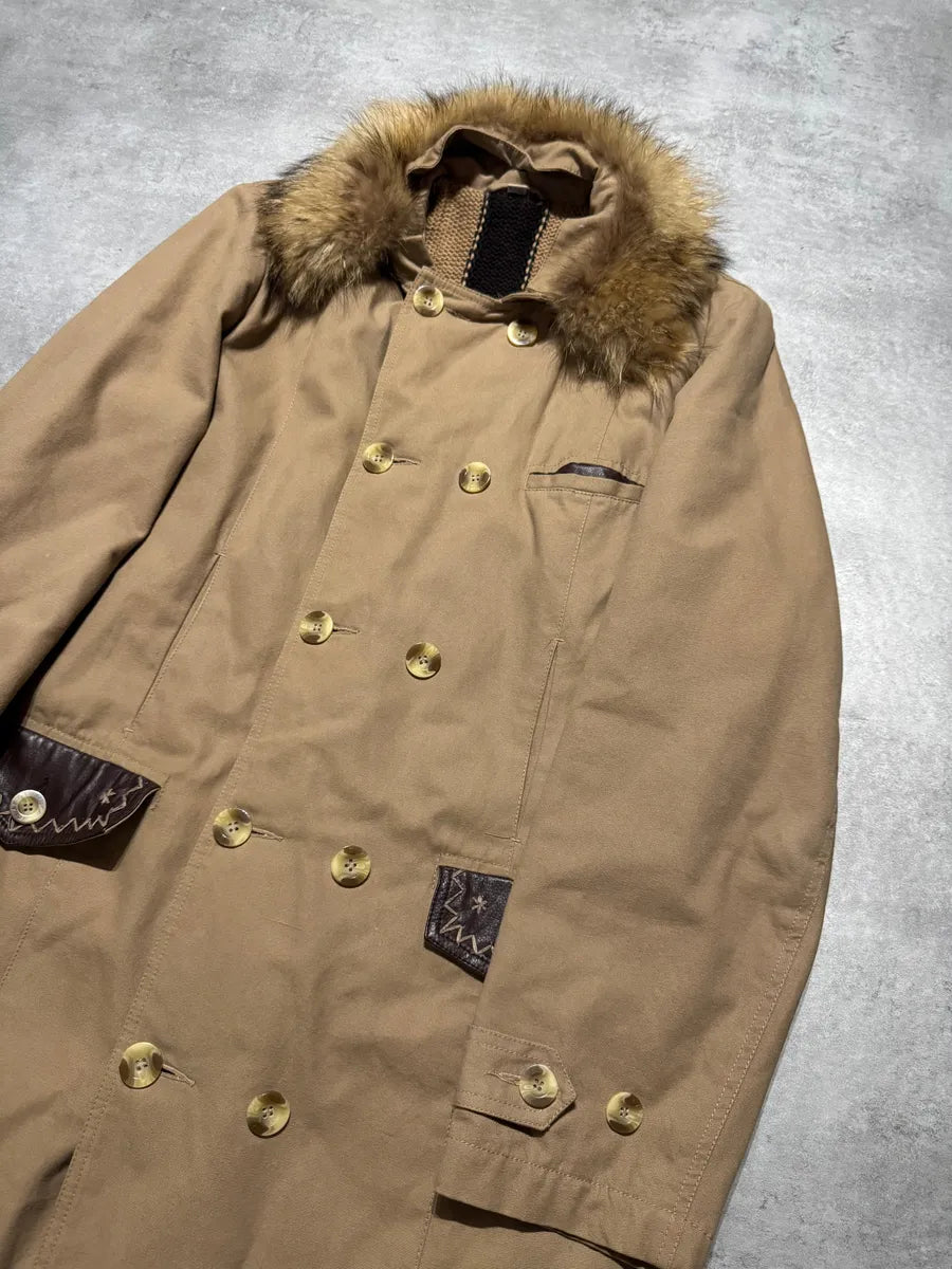 2000s Roberto Cavalli Fur Collar Beige Long Jacket (M) 1