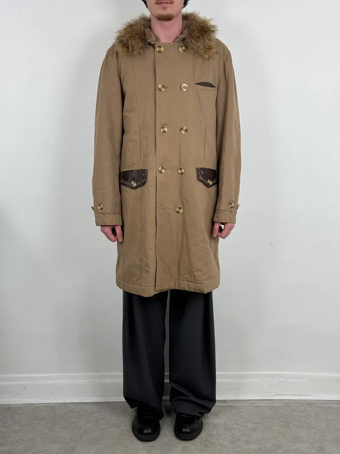 2000s Roberto Cavalli Fur Collar Beige Long Jacket uldRtaT 1