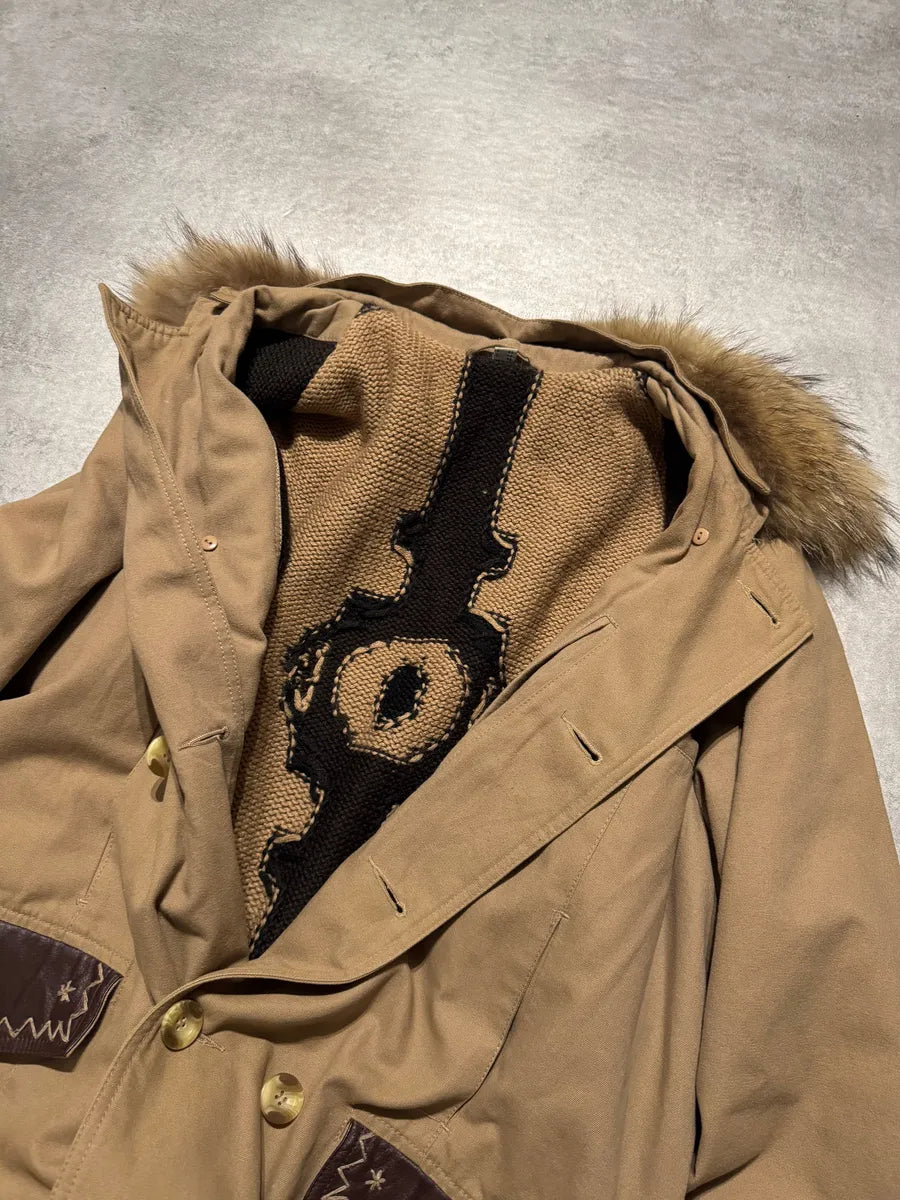 2000s Roberto Cavalli Fur Collar Beige Long Jacket uldRtaT 4